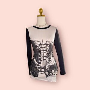 Fashion Nova Black and Gray Graphic Long Sleeve Blouse